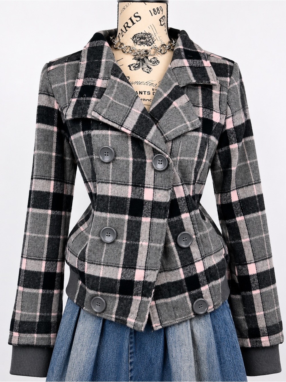 Ashley By 26 International Gray & Pink Plaid Double-Breasted Peacoat